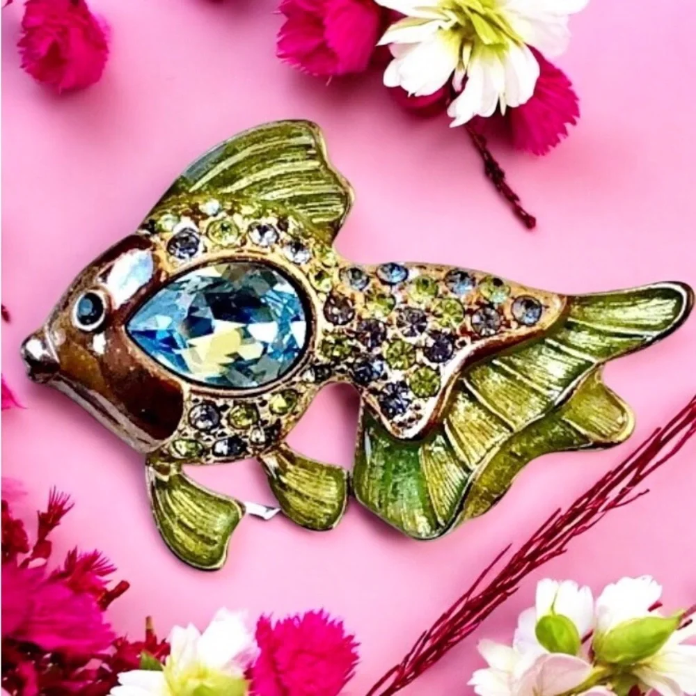 Monet Vintage FISH Brooch Enamel & Rhinestones